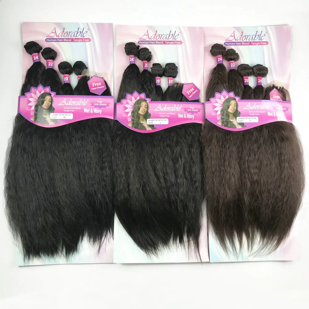Adorable Kinky Straight Heat Resistant Fiber Natural Color Soft Synthetic Packet Hair Wet&Wavy 4pcs With Free Machine Closure
