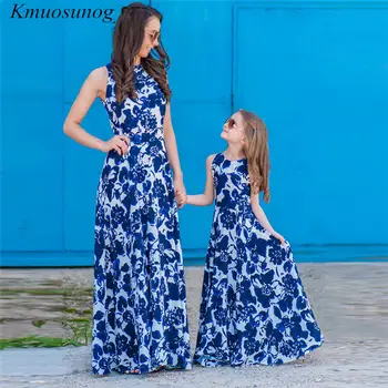 

Summer Mommy and me clothes Fashion Mum daughter Porcelain Print Sleeveless Ankle-Length Dress Mother daughter dresses Spring