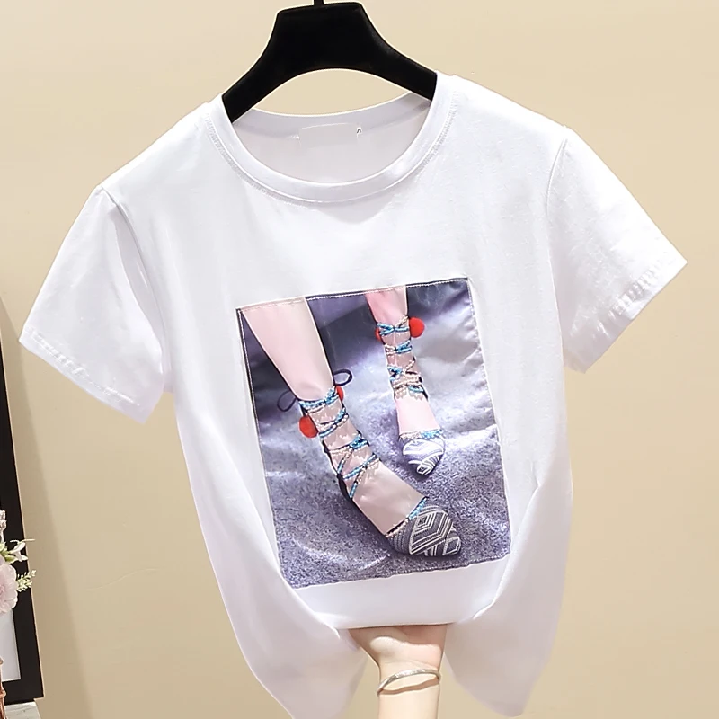 

Beading Korea Style female T-shirt Cotton Short Sleeve Appliques White women's fashion t-shirts Summer 2020 Tops Black Tee Shirt