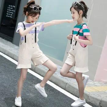 

Explosions Girls Summer Fashion Suit Children Short-sleeved Western Style Single-breasted Apricot Bib Pants Two-piece Clothes