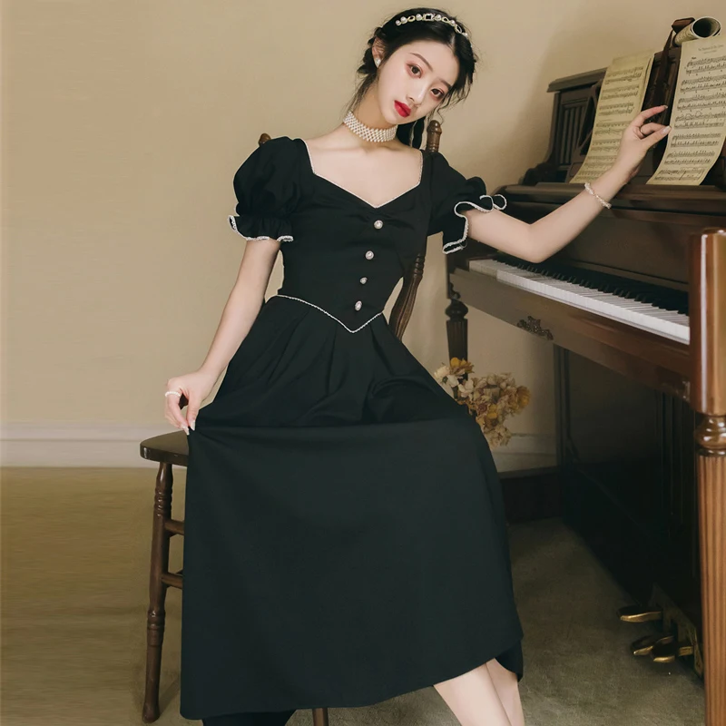 2020 summer new Japanese dress retro temperament fairy lotus leaf sleeve V-neck mid-length dress Hepburn style black dress