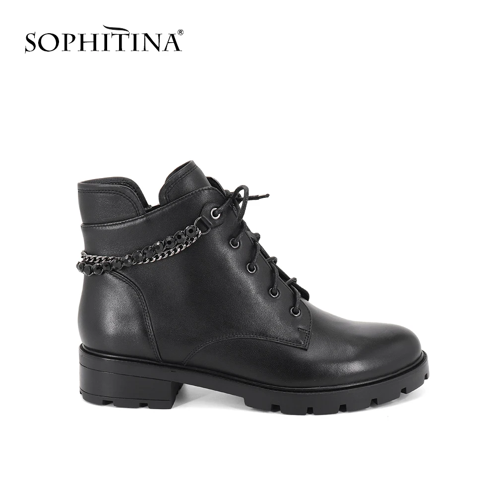 SOPHITINA/Ботинки женские на осень и зима. Удобные ботинки из коровьей кожи со шнуровкой и цепочкой на простискользящей толской подошве и низком каблуке. Ботильоны с округленным носком. Повседневные ботильоны. SC339