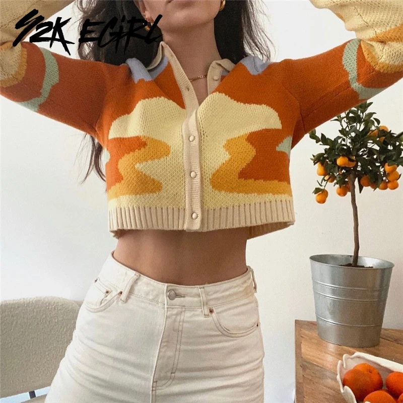 

Y2K EGIRL Sweet Printing Trun-Down Collar Single-breasted Long Sleeve Knitted Tops Vintage Autumn Slim Cropped Cardigan Casual