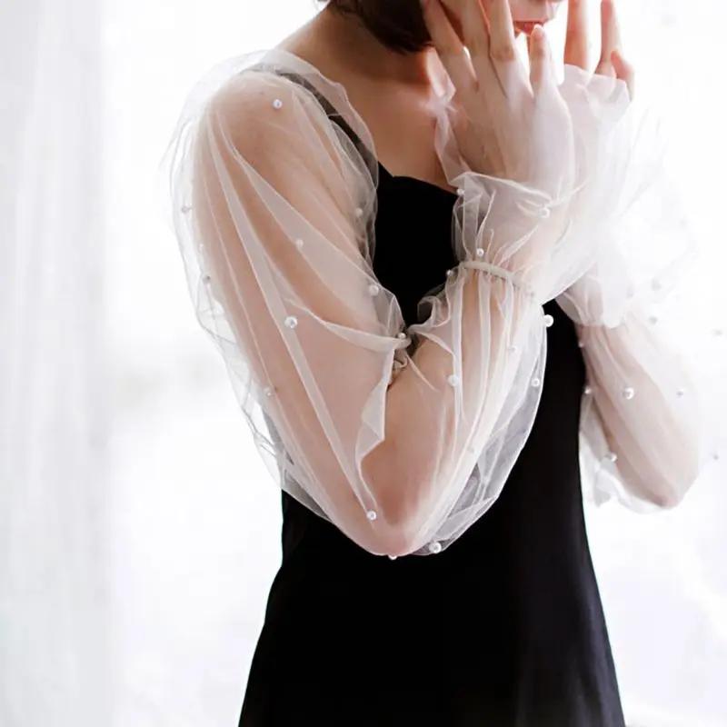 Корейские женские элегантные кружевные съемные эластичные накладные, длинные рукава с буфами, имитация жемчуга, отделанные бисером, декоративные солнцезащитные свободные накладки на руку