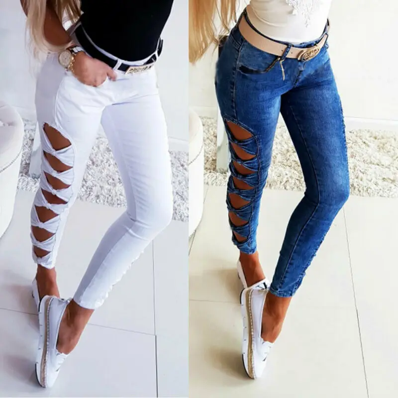 Женские джинсовые тонкие хлопковые обтягивающие рваные женские длинные брюки с высокой талией, эластичные джинсовые брюки-карандаши