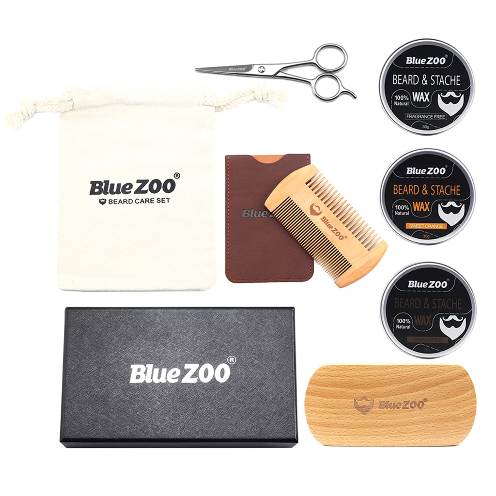 Pear Wooden Beard Grooming Men Dad Husband Facial Hair Care Trimming Kit Mustache Balm Comb Brush Set Beard Wax