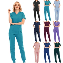 Enfermeira do hospital uniforme cor sólida unisex vestido cirúrgico bolso v neck esfrega conjunto