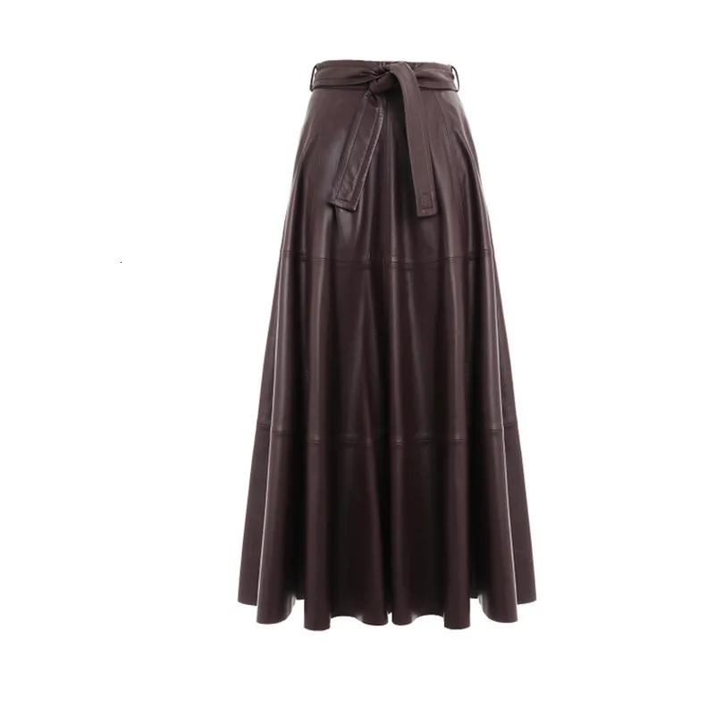 SeeBeautiful/Новая мода г., осенне-зимняя простая юбка на шнуровке с высокой талией из искусственной кожи, свободная юбка с коротким рукавом для женщин, Q059 - Цвет: Coffee