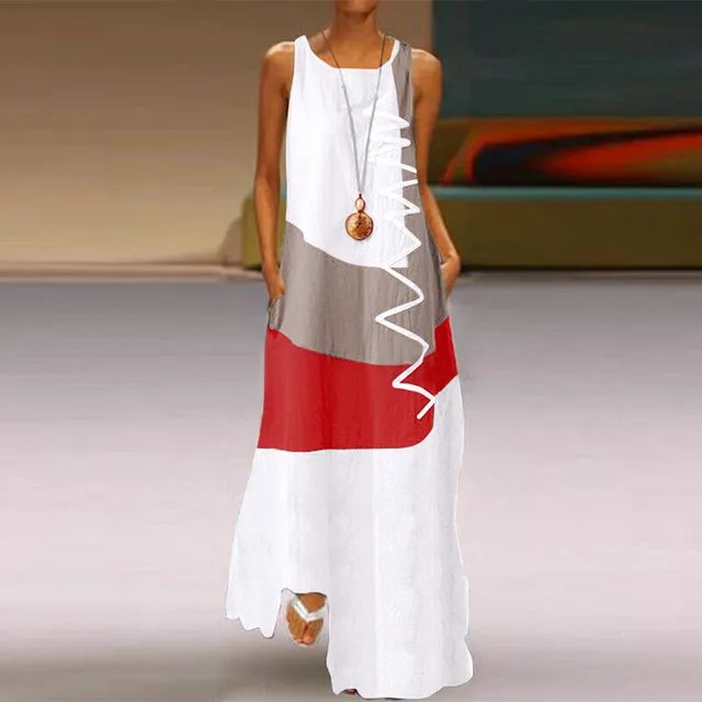 Boho Summer Prin Long Maxi Dress Dresses Women's Apparel Women's Top color: Gray|Khaki|Orange|White