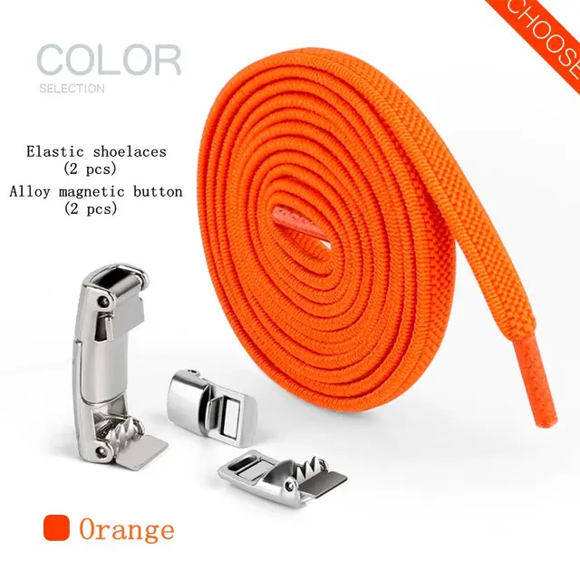 New Upgrade Magnetic Buckle Latex Rubber Band Elastic Laces Sneakers Laces Without Tying Kid and Adults Are Available Shelaces Orange