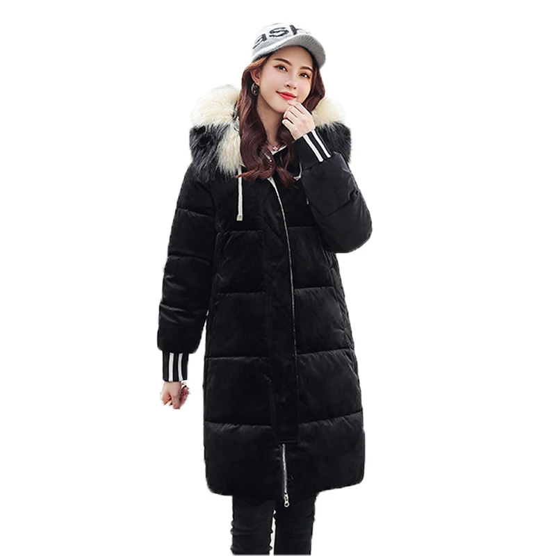 Бархат Новое поступление зимняя куртка женская теплая Утепленная зимняя одежда Женская парка с капюшоном с мехом высокое качество женское длинное пальто - Цвет: Черный