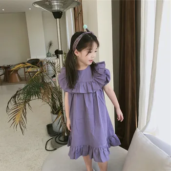 

3 4 5 6 7 Years Fashion Baby Girls Summer Maid Dress Puff Short Sleeve Loose Pure Purple Dress Princess Girl's Maid Dress