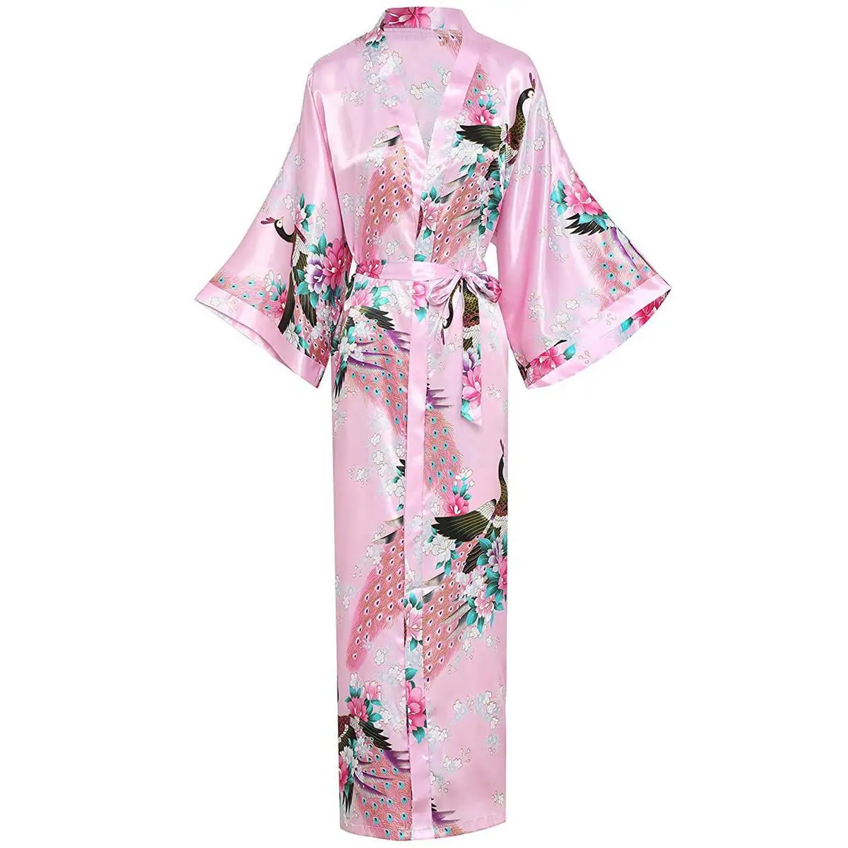 Весенний халат для женщин с поясом кимоно купальный халат атласный длинный халат для сна 3/4 рукав неглиже большой размер 3XL-6XL - Цвет: Pink 2