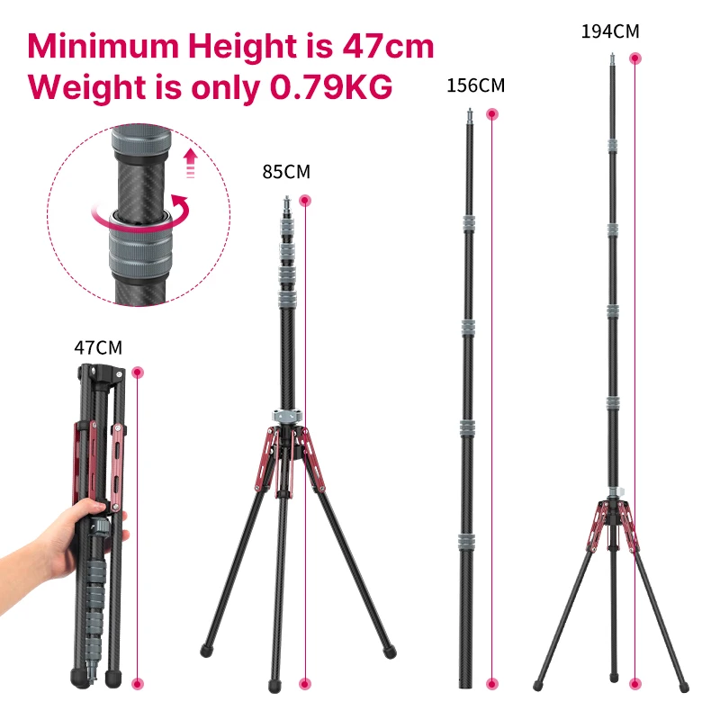 Ulanzi MT-49 탄소 섬유 삼각대, 조절 가능한 전문 여행 모노포드, 휴대폰 DSLR 카메라 사진 소프트박스 스탠드, 195cm