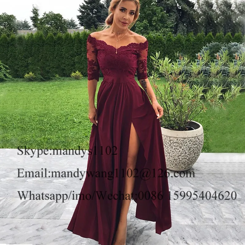 Mbcullyd A-line Long Prom Dresses Sexy High Split Burgundy Women Formal Evening Dress Gown Half Sleves Vestidos de gala