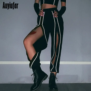 

ALLNeon Slipt Women's Cargo Pants Button Striped Streetwear Long Pants Fashion Patchwork 2019 New Autumn Cool Female Trousers