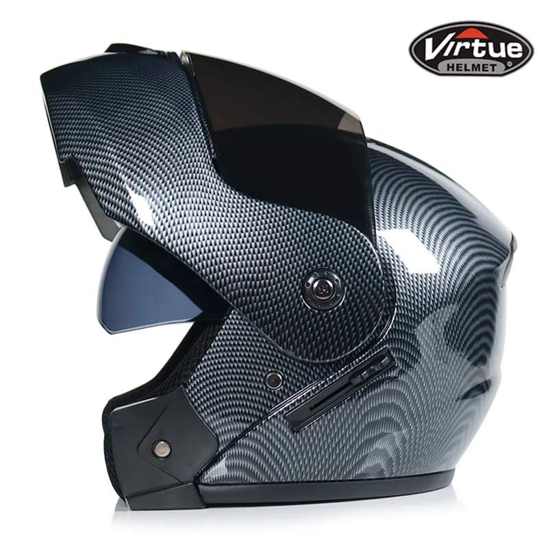2 подарка, унисекс, гоночные шлемы для мотокросса, модульные с двойными линзами мотоциклетный шлем, полный шлем для лица, безопасный шлем, флип-ап, Cascos Para Moto - Цвет: Carbon Fibre Brown