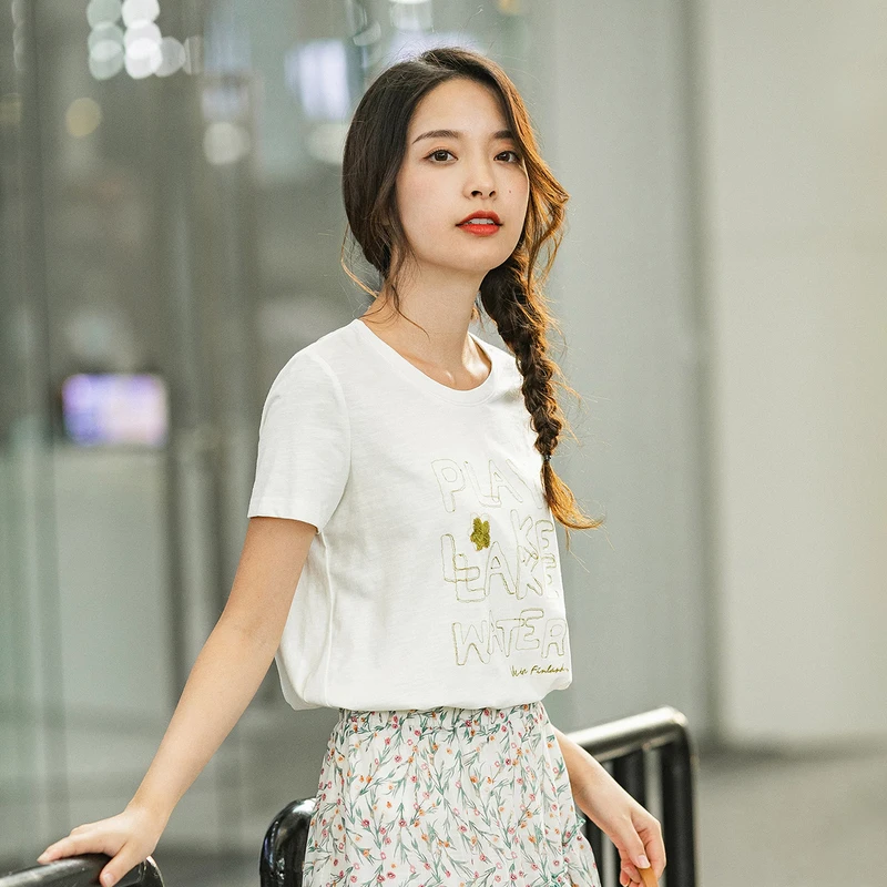 

INMAN 2020 Spring New Arriavl Literary Leisure Round Collar Letter Embroidred Base Short Sleeve T-shirt