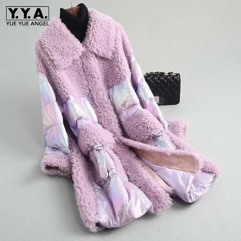 

Winter Streetwear Wool Overcoat Women Splice Down Coat New Luxury Fashion Lapel Long Sleeve Warm Outwear Office Long Coat