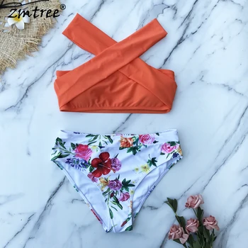 

ZMTREE Bandage Bikinis Set Floral Printed Swimear Women Push Up Swimsuit Girls Off Shoulder Push Up Bathing Suit 2020 Beachwear