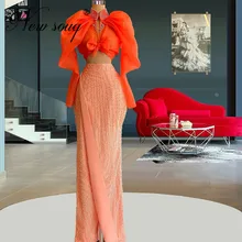 

Orange Long Sleeves Prom Dress Wedding Party Gowns Vestidos Plus Size Arabic Full Beaded Evening Dresses Celebrity Dress 2022
