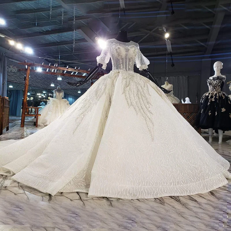 HTL1988 Elegant Extravagant Sequin Crystal Pearls Wedding Dress 2020 O-Neck Short Puff Sleeve Lace Up Back 3