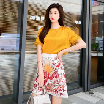 

2020 summer new high-end silk shirt women's lace Short Sleeve Silk Shirt solid round neck top 7339