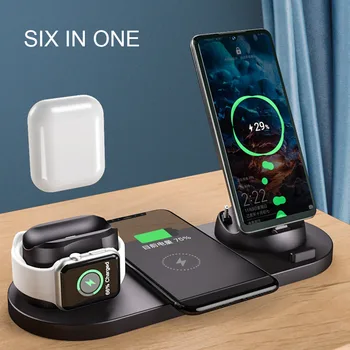 

10W Qi Wireless Charger Dock Station 6 In 1 for Iphone Airpods Micro USB Type C Fast Charging 3.0 Stand for Apple Watch Charger