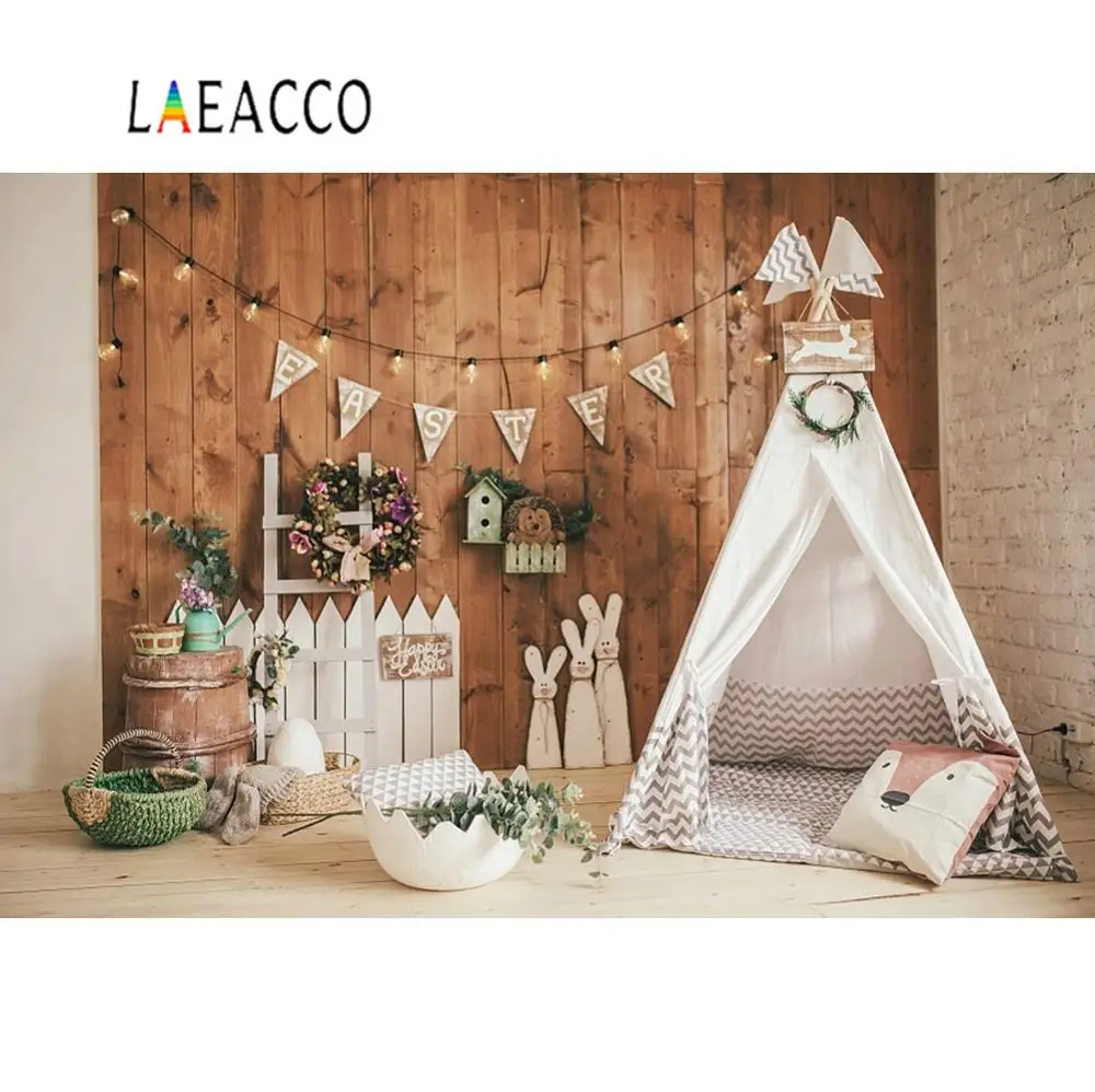 

Laeacco Easter Backgrounds Baby Newborn Tent Wigwam Rabbit Wooden Wall Floor Party Portrait Photography Backdrop Photo Studio
