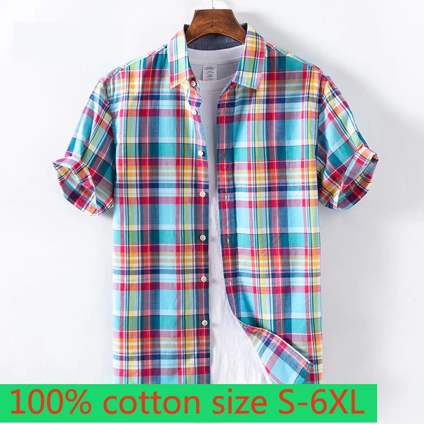 New Large Fashion Short Sleeve Spring Summer Men 100% Cotton Handsome Plaid Loose Casual Shirts Plus Size S M LXL2XL3XL4XL5XL6XL | Мужская