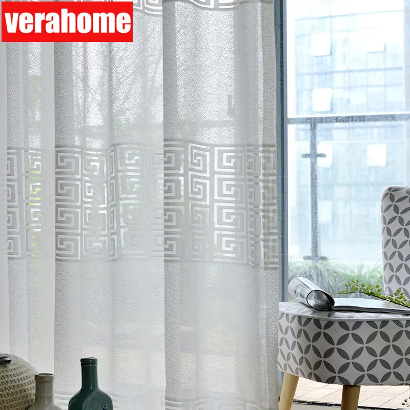 White Tulle Curtains Geometric-Sheers Windows Bedroom Living-Room Modern 