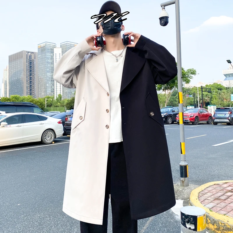 

M-3XL Men's Trench Coat Single Breasted Patchwork Jacket Long Overcoat Korean Fashion Windbreaker Streetwear Men Trench Coat