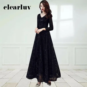 

Black A-Line Evening Dress DR461 Shiny Sequin Vestidos De Fiesta Lace Patchwork Women Party Dresses V-Neck Full Sleeve Long Gown