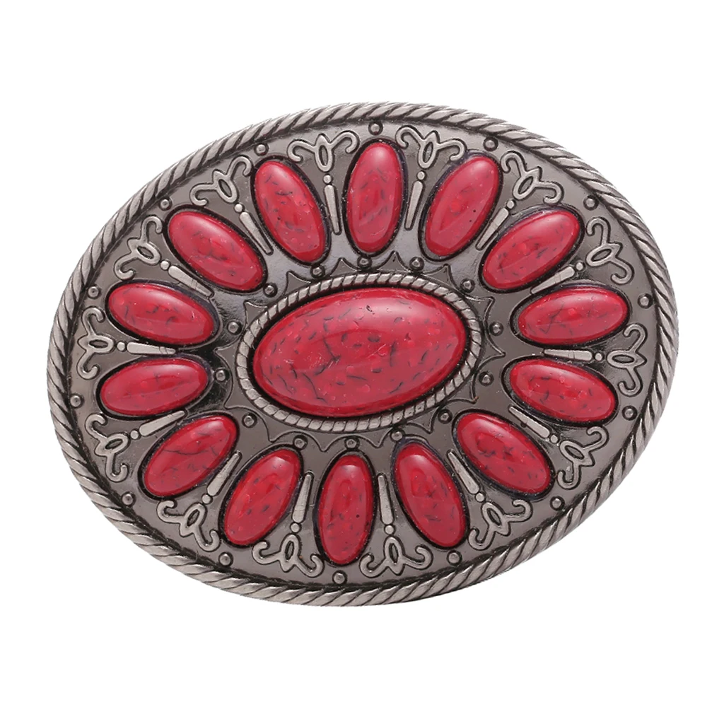 Bohemia Style Oval Red Gem Beads Metal Western Cowboy Belt Buckle