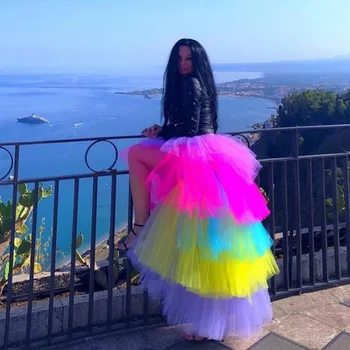 

Charming Colorful Puffy High Low Tulle Skirts Women Ruffles Tiered Long Tutu Skirt Custom Made Long Tutu Skirt Party Skirt