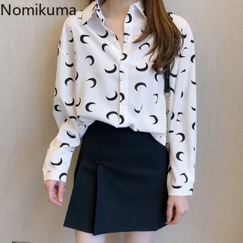 

Nomikuma Women Korean Blouses OL Style Long Sleeve Spring Autumn Moon Printed Shirts Single-breasted Loose Blusas Femme 3Z007