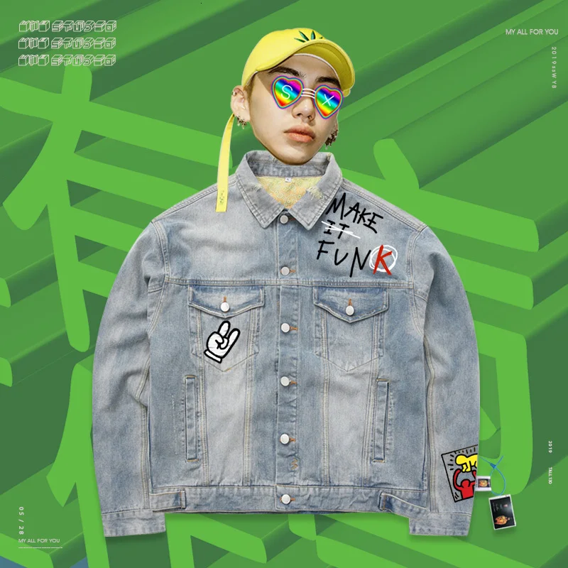 

2019 new Demin jacket Loose Chic rock doodle hand drawn cartoon animation Loosen Basic Coat