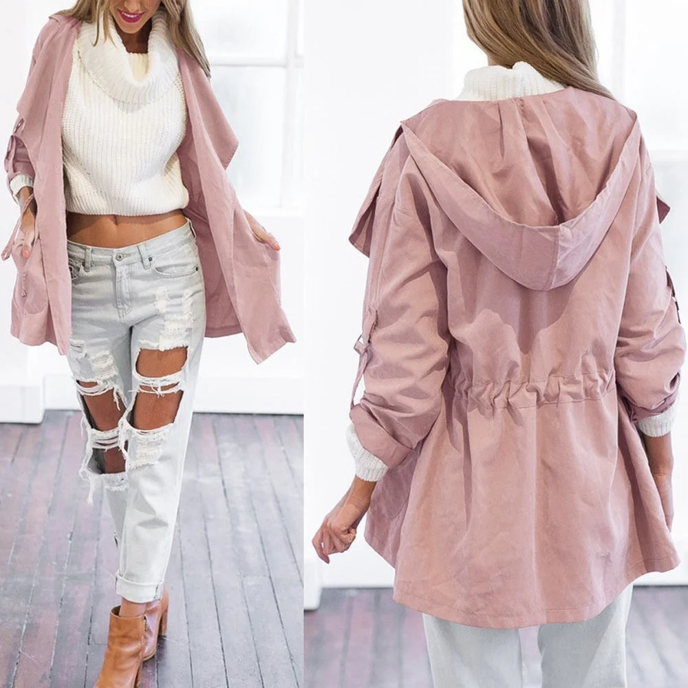 

ZOGAA Fashion Women's Pure Color Cardigan Hooded Coat Lightweight Thin Belt Lady Overcoat Long Sleeve Casual Trench Coat Women