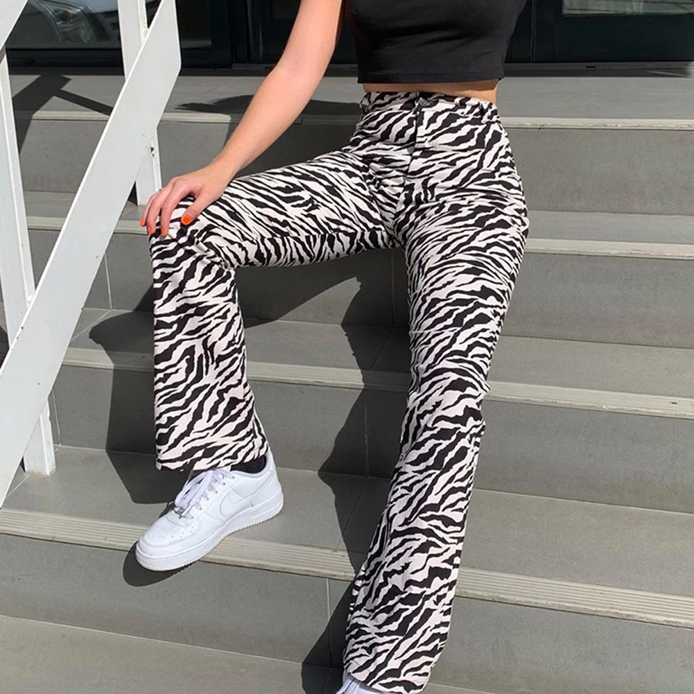 women Streetwear 2019 zebra Animal print elegant pants Capris Harajuku high waist pants ladies casual office pants