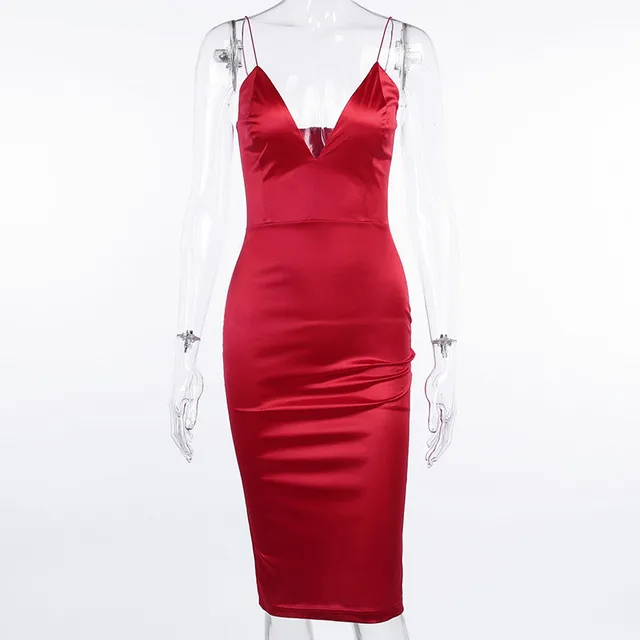 CNYISHE Elegant Satin Dresses for Women Solid Red Black Midi Dress 2020 Fashion Winter V-neck Ladies Christmas Dress Party Night 6