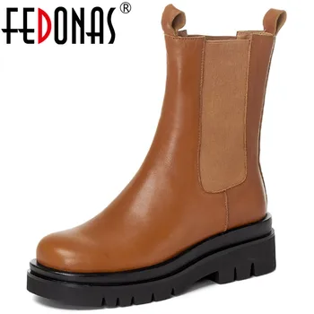 

FEDONAS Concise Elastic Band Genuine Mid-Calf Boots Genuine Leather Female Fashion Thick Heels Pumps Working Basic Shoes Woman