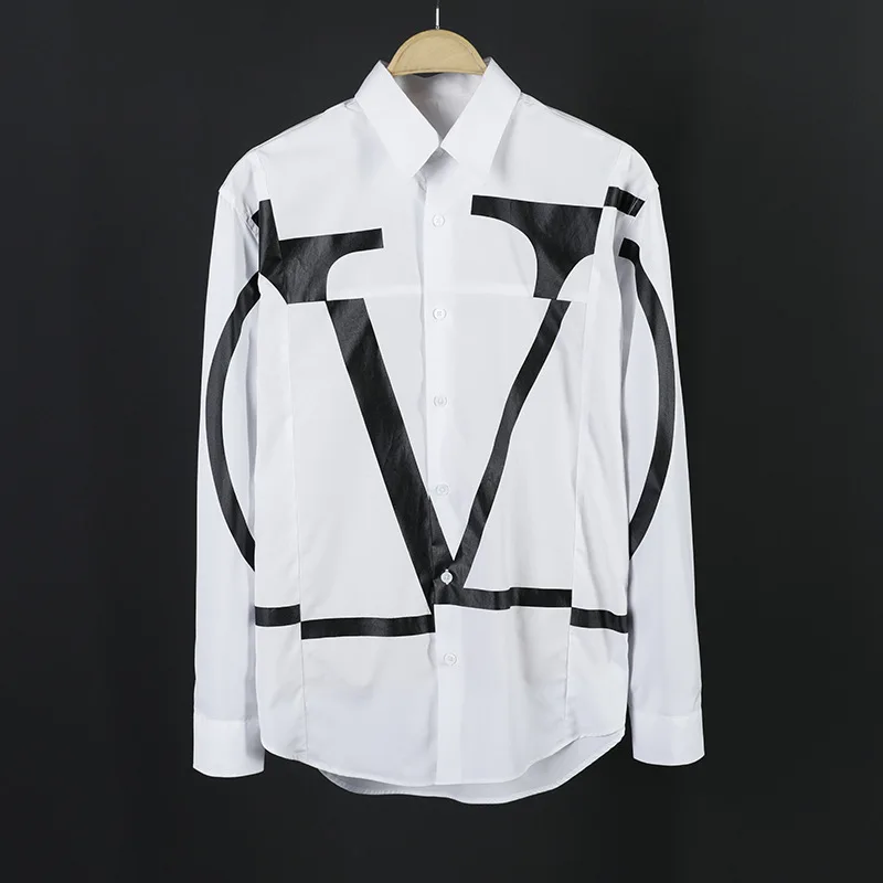 

Hot Brand Mens Shirt Long Sleeve White Simple Trend Cotton Shirts Korean Misplaced Big V Letter Fashion Male Dress Streetwear