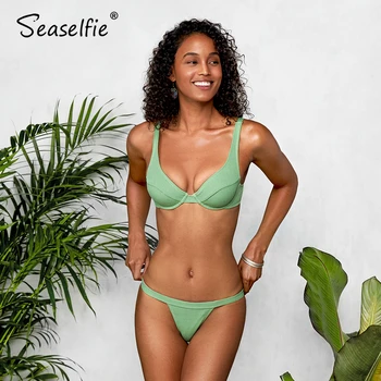 

SEASELFIE Light Green Low Rise Thong Bikini Sets Women Sexy Underwire Push Up Two Pieces Swimsuits 2020 Swimming Suit Swimwear