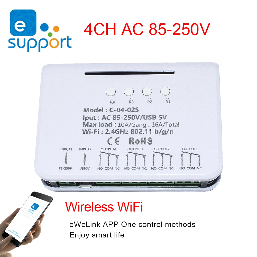 4CH EWelink Wireless Switch,WiFi Switch Module,EWelink APP,Remote Control,DIY Smart Home,4Gang Relay,work with Alexa Google Home 