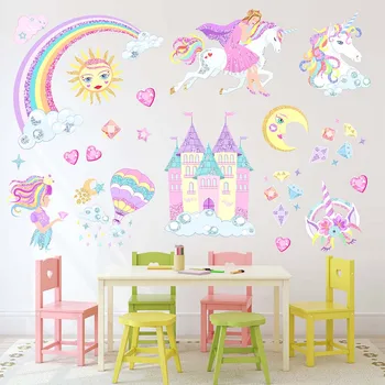 

Wall Stickers Room Decor Rainbow Castle Princess PVC Sticker 3D Unicorn Kids Room Wall Stickers Child Christmas Gift HM0138