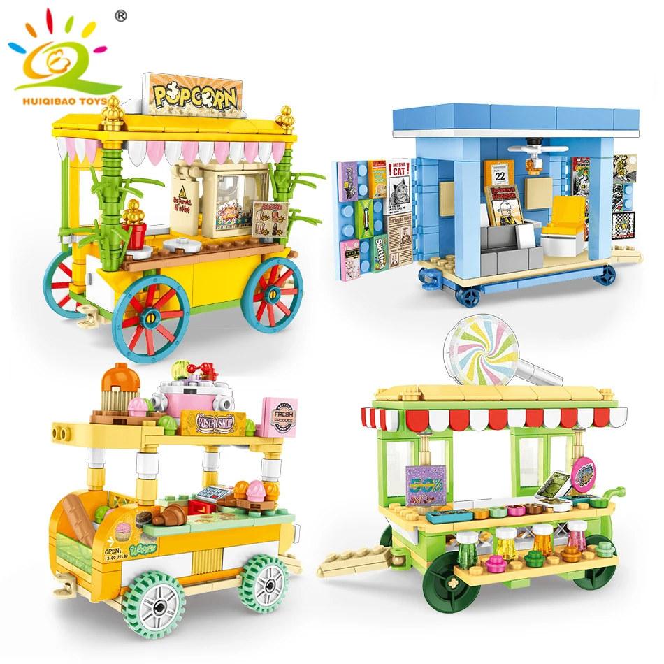 

622Pcs Street View Roadside Market Sweet Shop Trolley Building Blocks Legoingly City Magazine Bricks Toys Children Give Figures