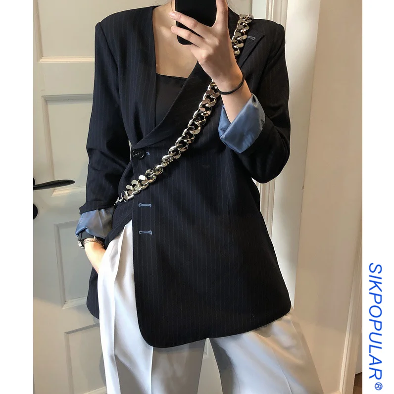 [DARK] Korean Retro Design Asymmetric Diagonal Striped Loose Suit 2020 Spring New