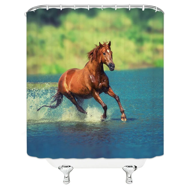 Black White Horse Shower Curtains Strong Animal Running on the Snow Bathroom Decor Home Bathtub Waterproof Polyester Curtain Set W7213