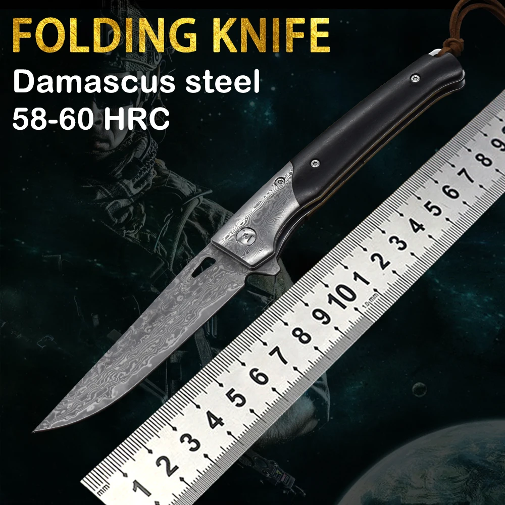 

New Damascus Steel Folding Knife Portable Outdoor Camping Rescue High Hardness Hunting Tactics Self-Defense Survival Knife Edc