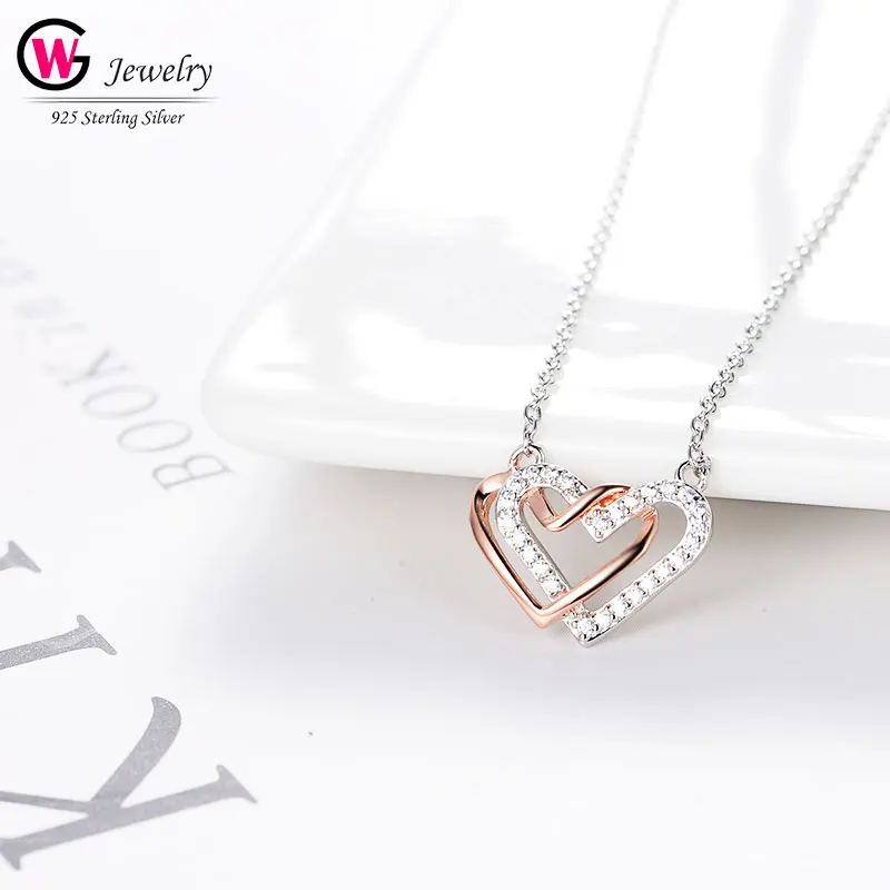 

Chic Women Chain Necklace Double Heart Pendants 925 Silver Silver Gold Color Mixed Mujer Jewelry CZ Zirconia Romantic Lover Gift